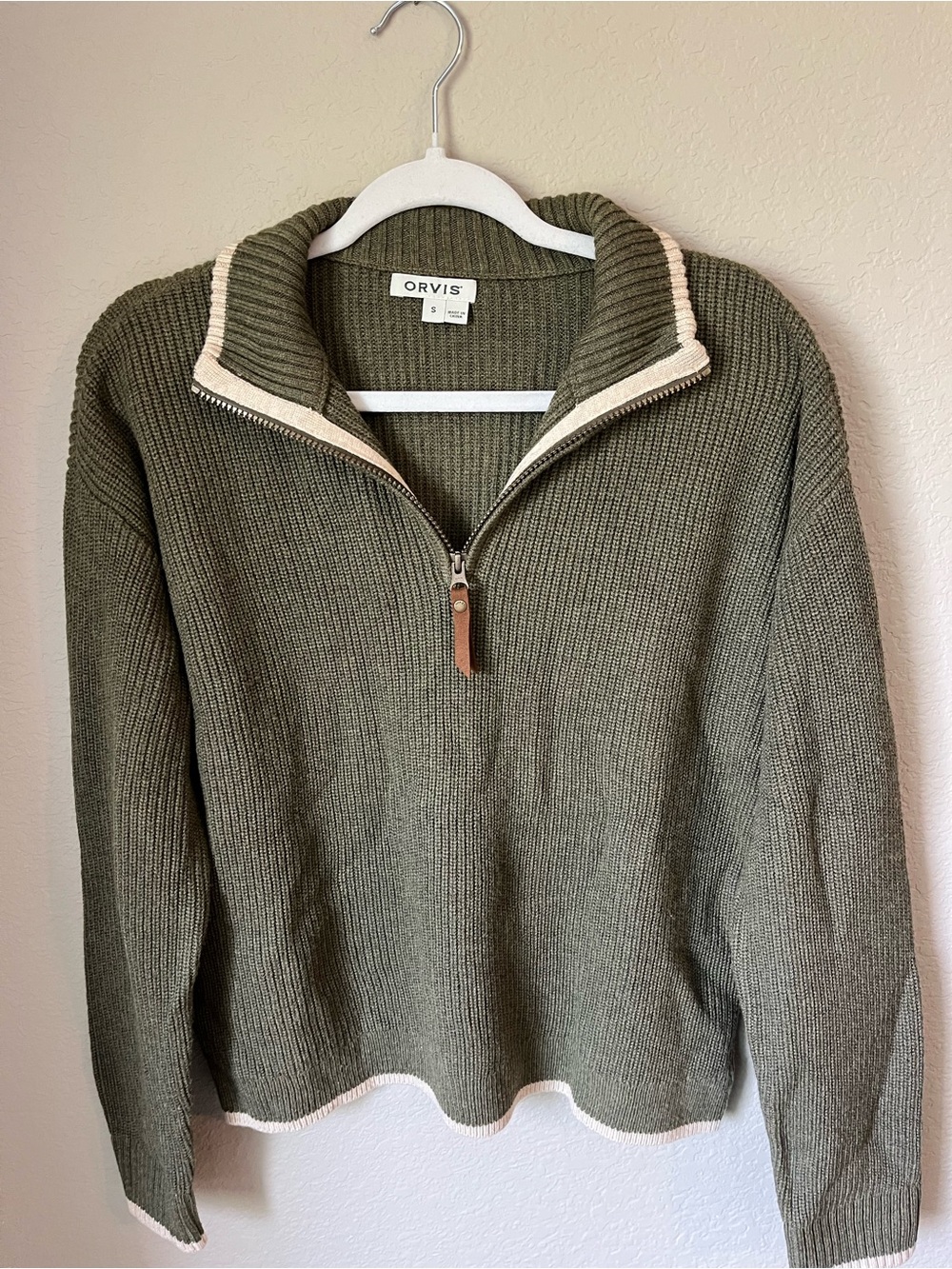 Orvis Merino Wool Blend Quarter Zip Sweater Small Olive Green Rib Knit Pullover